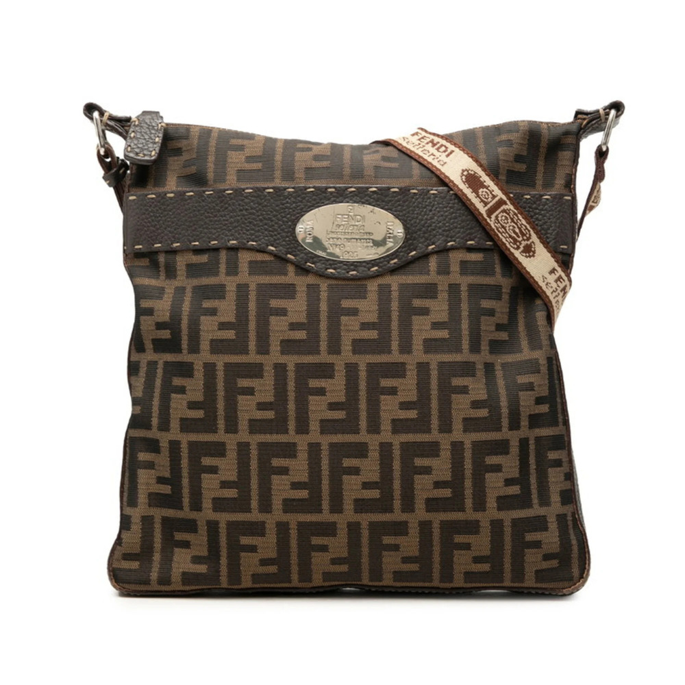 Fendi Zucca Selleria Crossbody Shoulder Bag 8BT109 Brown Canvas Leather Women...